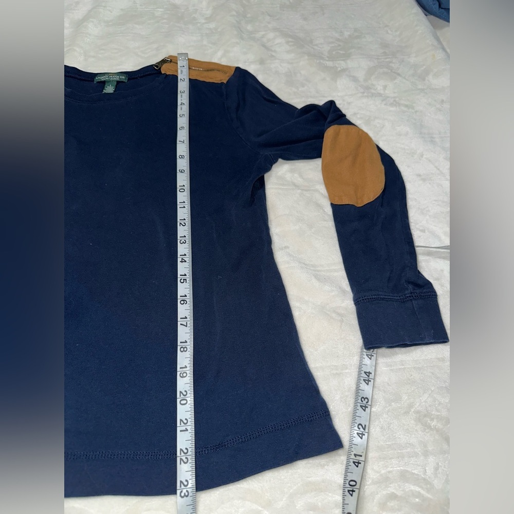 Lauren Ralph Lauren Long Sleeve Top Navy Blue with Brown Elbow‎ Patches LG - Picture 7 of 7